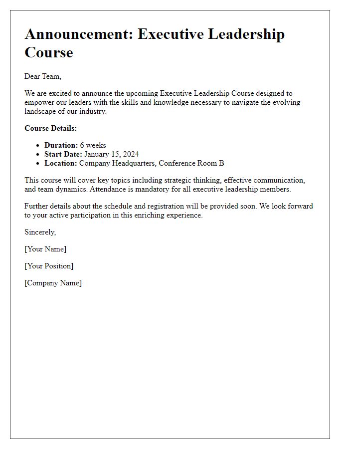 Letter template of announcement for executive leadership course