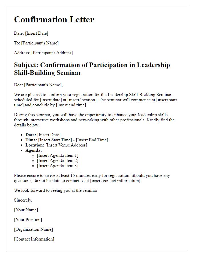 Letter template of confirmation for leadership skill-building seminar