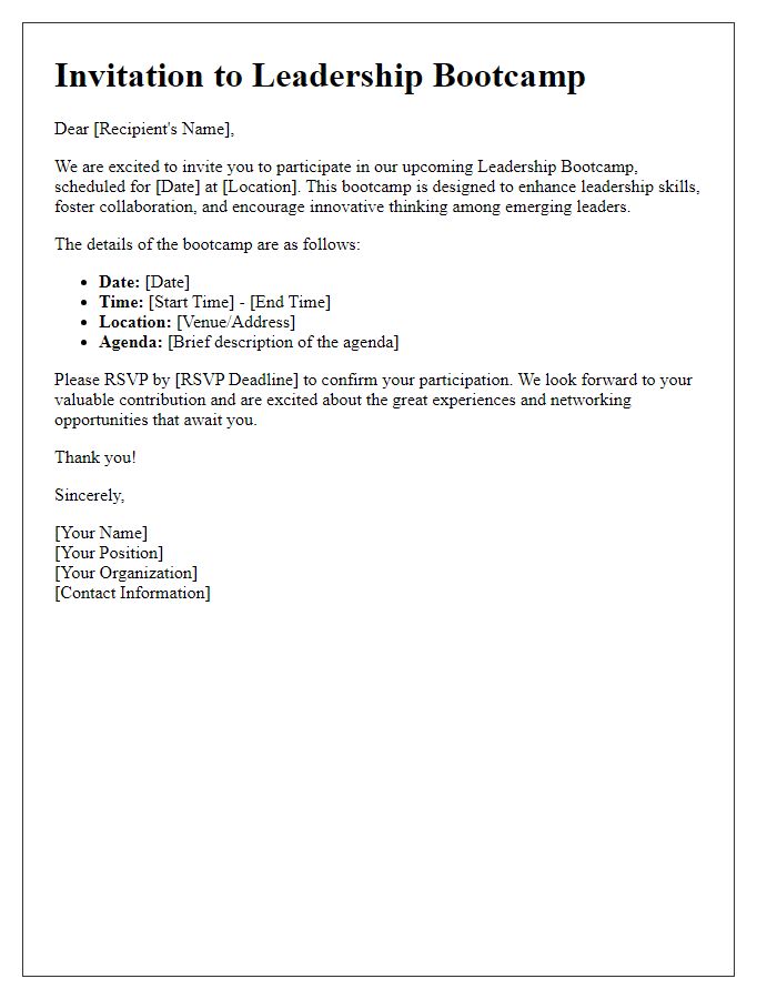 Letter template of invitation to participate in leadership bootcamp