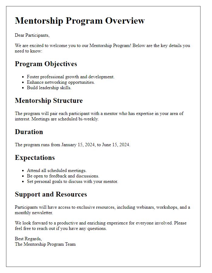 Letter template of mentorship program details overview for participants