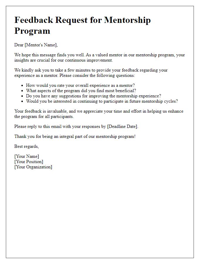 Letter template of mentorship program feedback request for mentors