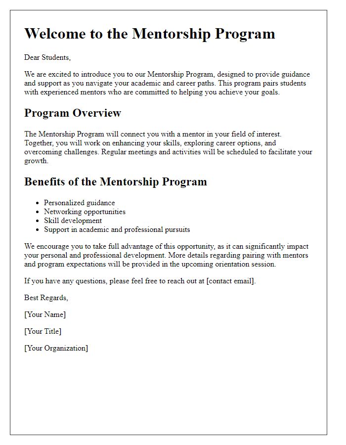 Letter template of mentorship program introduction for students