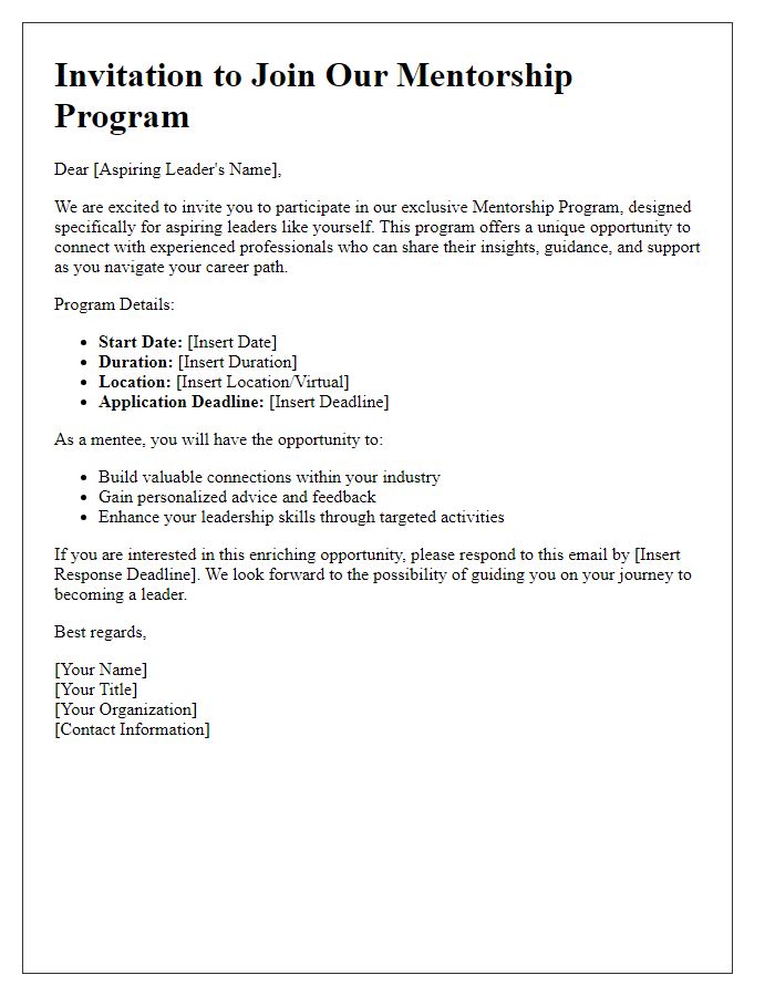 Letter template of mentorship program invitation for aspiring leaders