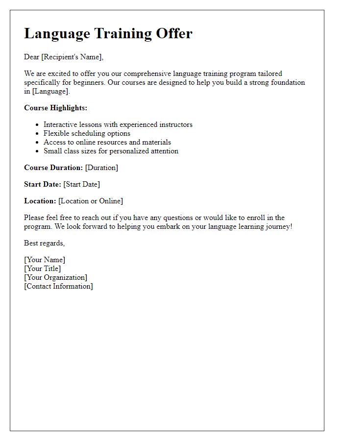 Letter template of language training offer for beginner levels