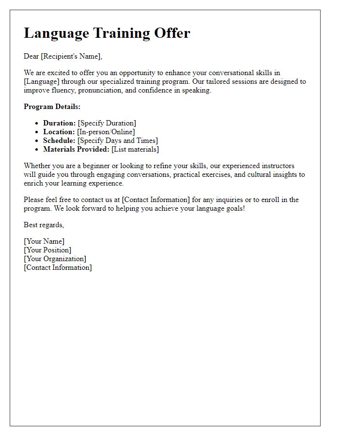 Letter template of language training offer for conversational practice