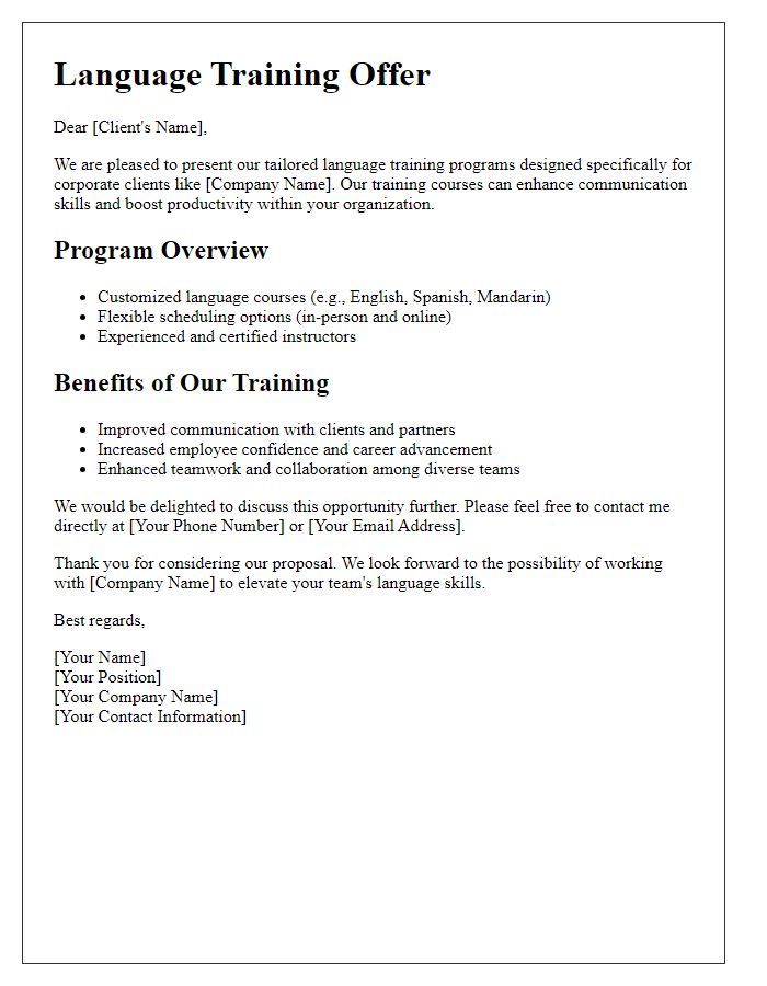 Letter template of language training offer for corporate clients