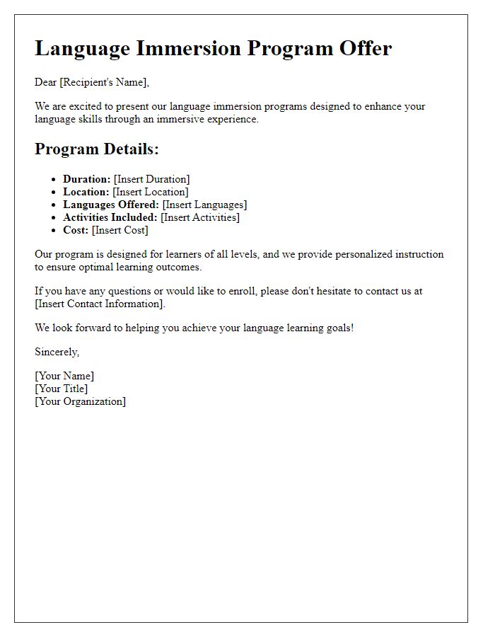 Letter template of language training offer for immersion programs