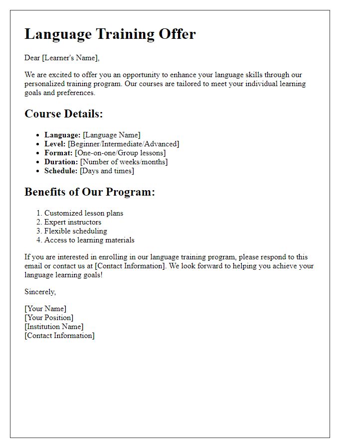 Letter template of language training offer for individual learners