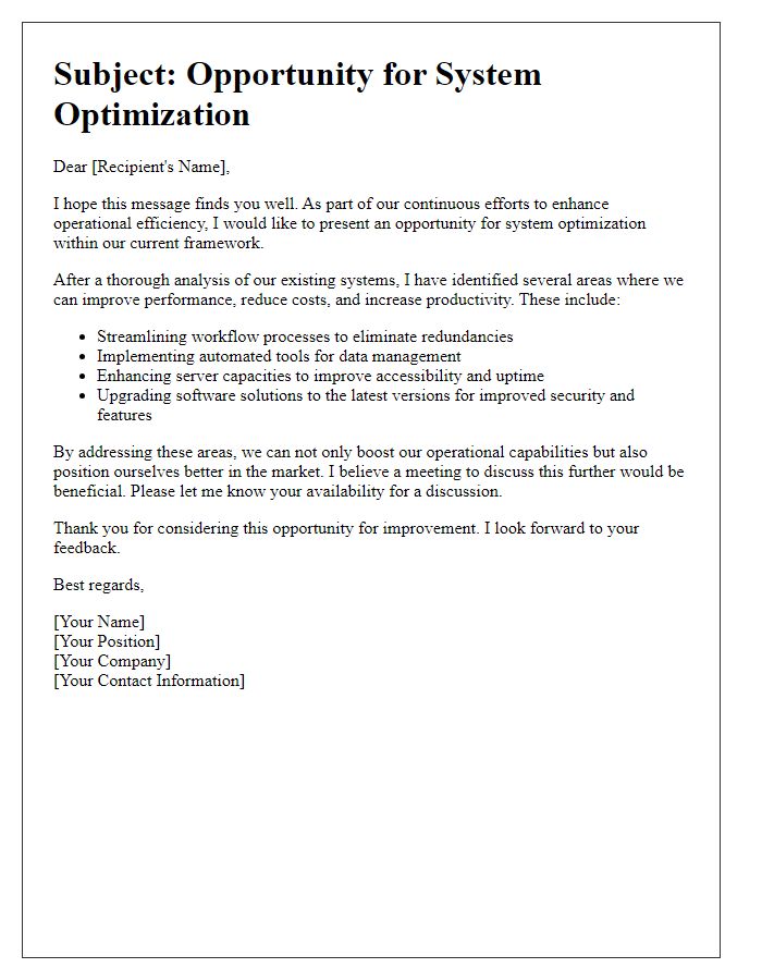 Letter template of system optimization opportunity