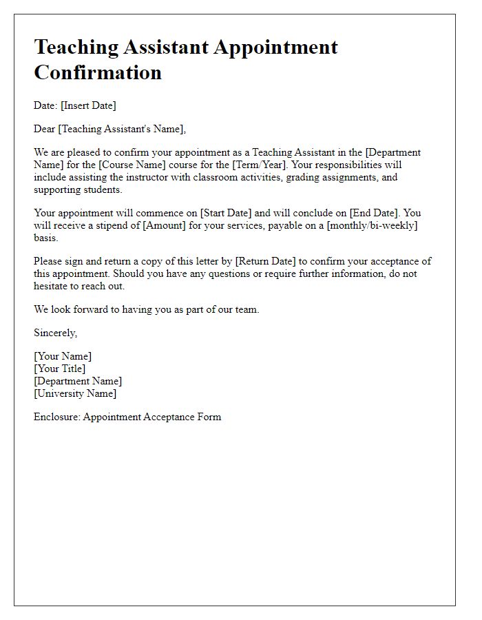 Letter template of Teaching Assistant Appointment Confirmation