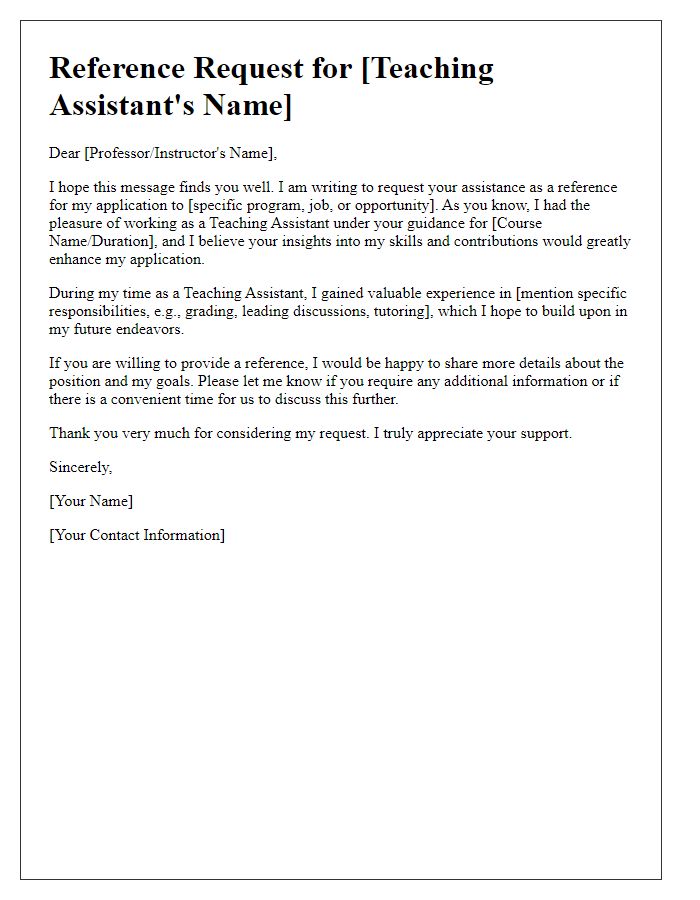 Letter template of Teaching Assistant Reference Request