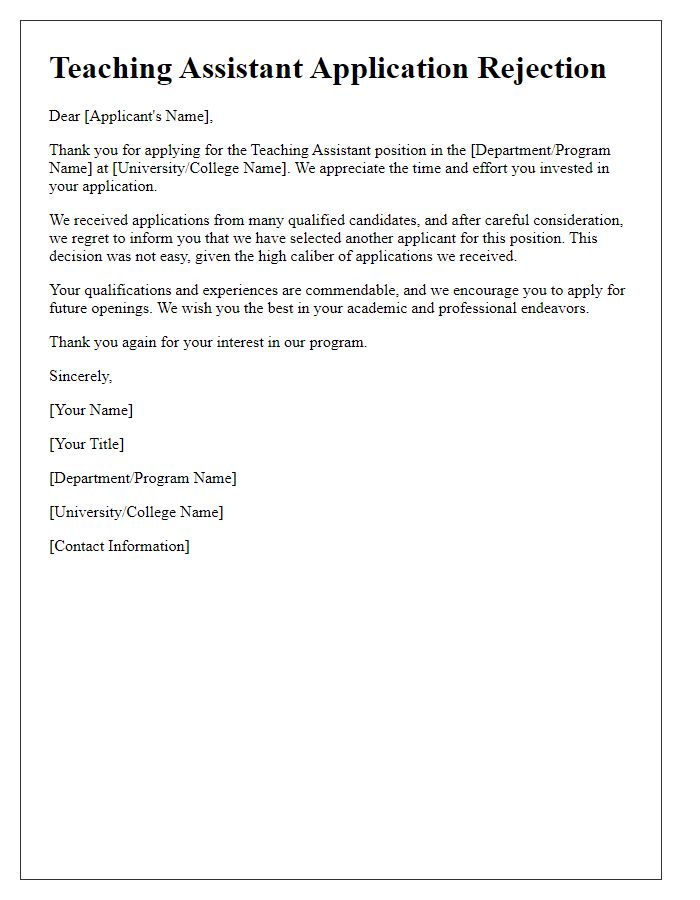 Letter template of Teaching Assistant Rejection