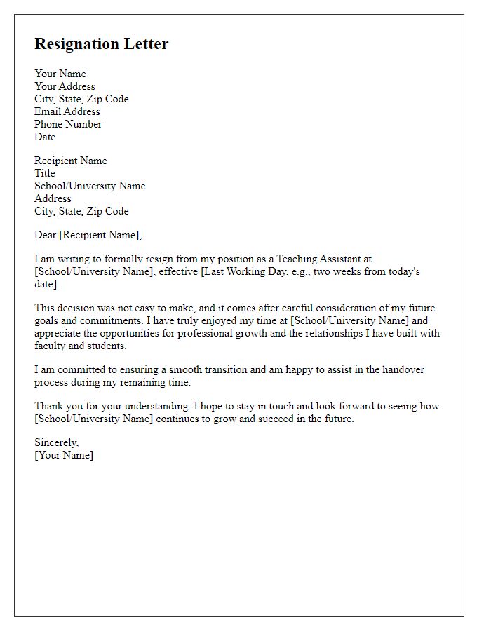 Letter template of Teaching Assistant Resignation