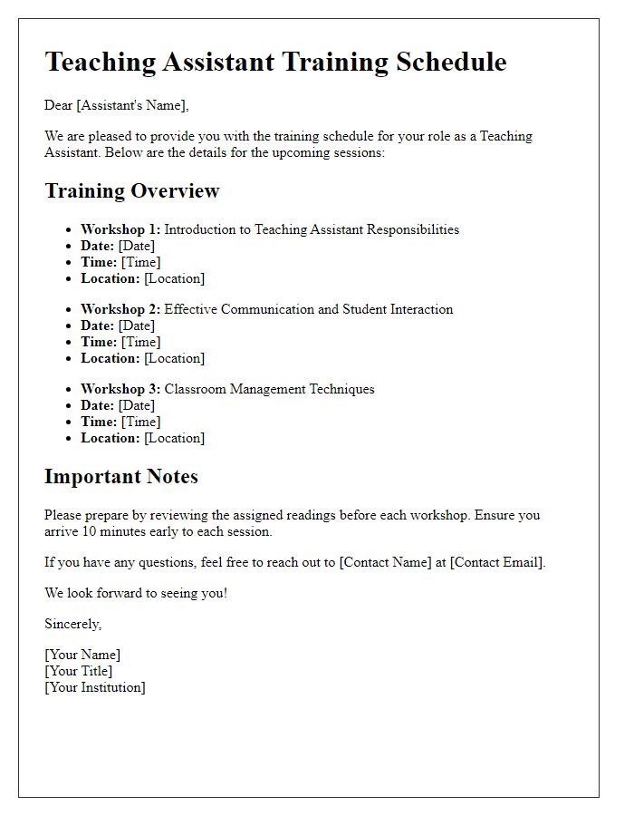 Letter template of Teaching Assistant Training Schedule