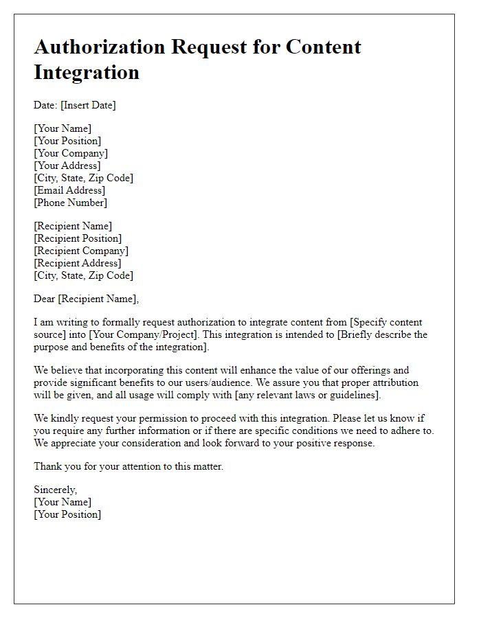 Letter template of authorization request for content integration