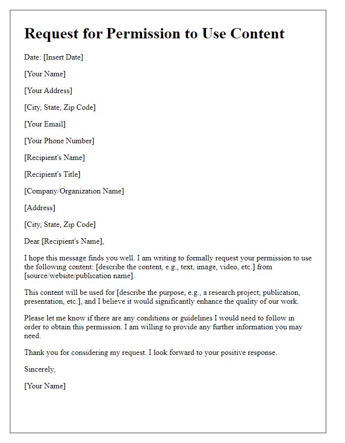 Letter template of formal request for content permission