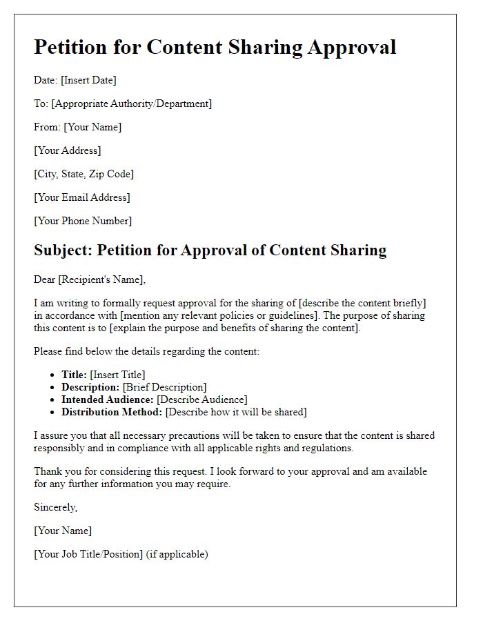 Letter template of petition for content sharing approval