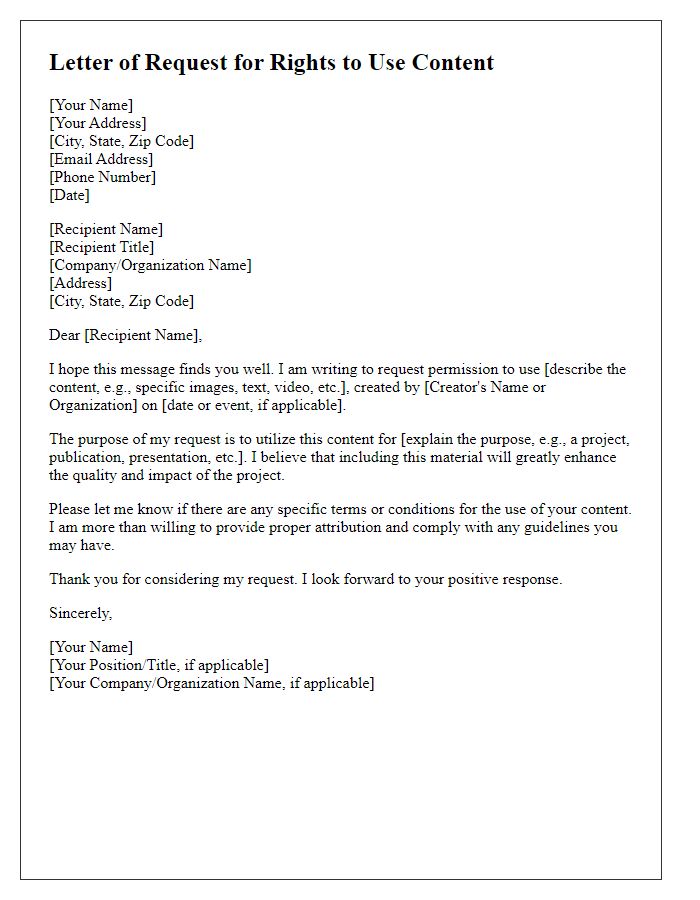 Letter template of request for rights to use content