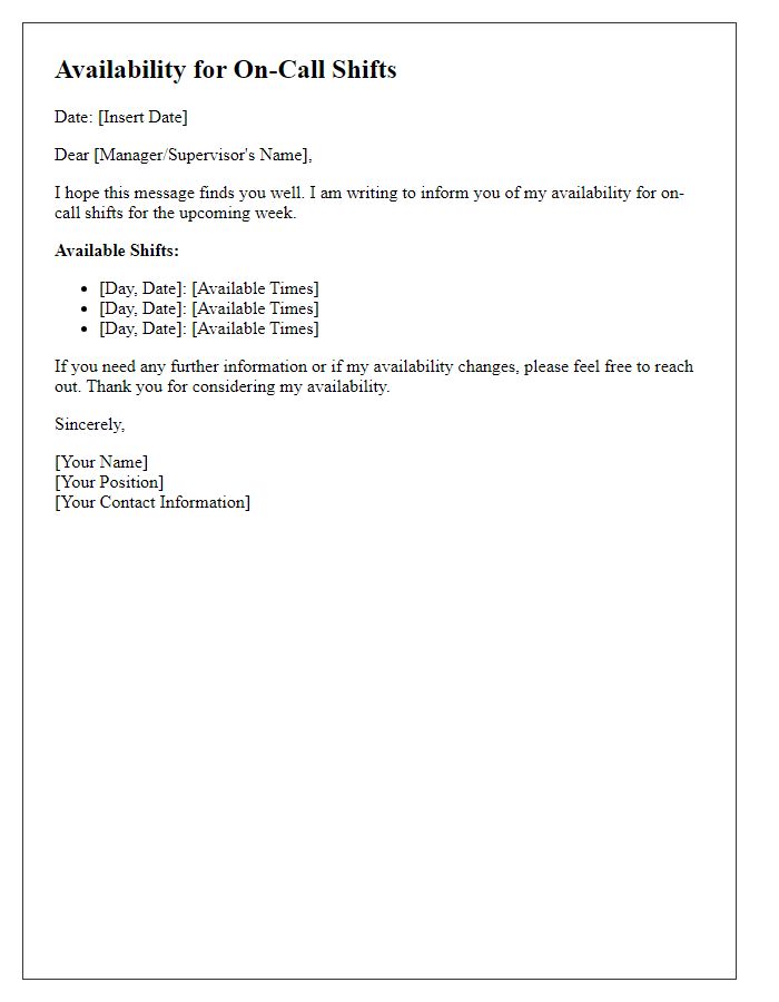 Letter template of Availability for On-Call Shifts