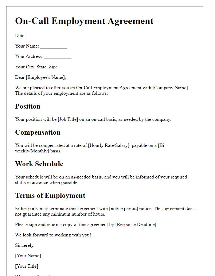 Letter template of On-Call Employment Agreement