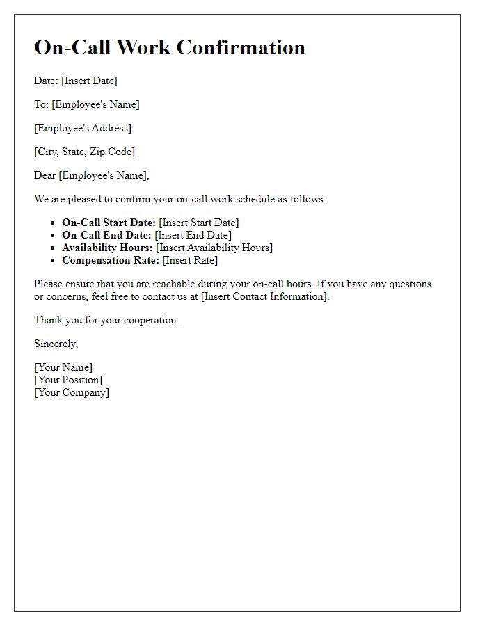 Letter template of On-Call Work Confirmation