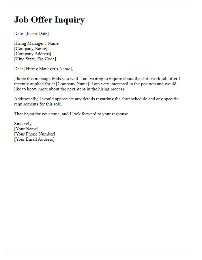 Letter template of Shift Work Job Offer Inquiry