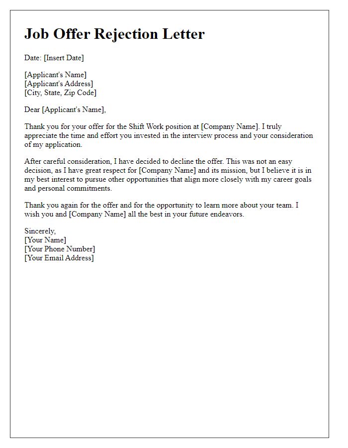 Letter template of Shift Work Job Offer Rejection