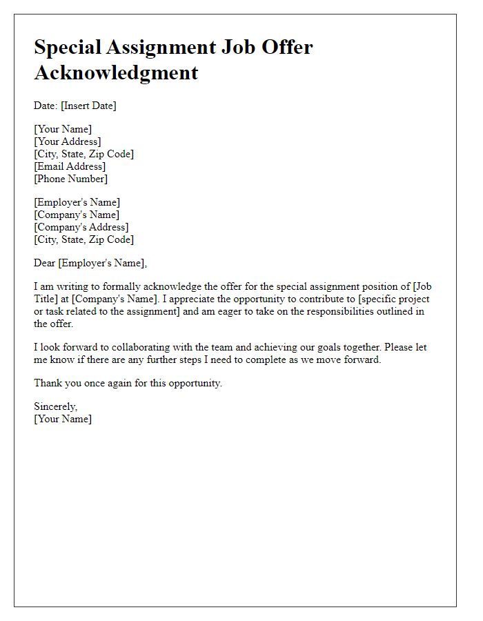 Letter template of special assignment job offer acknowledgment.