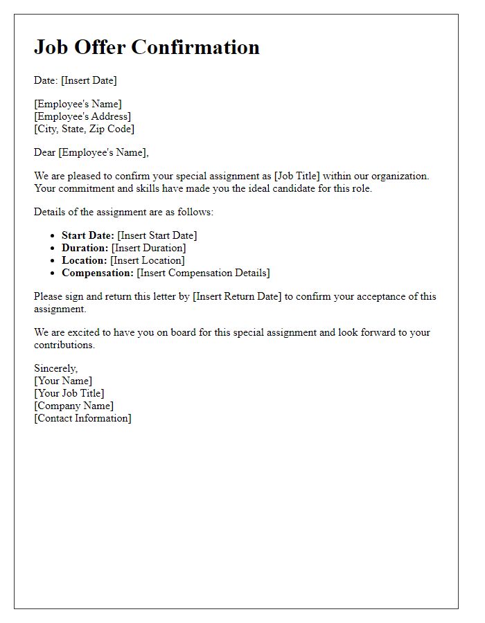 Letter template of special assignment job offer confirmation.