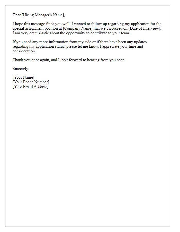 Letter template of special assignment job offer follow-up.