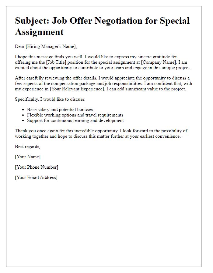 Letter template of special assignment job offer negotiation.