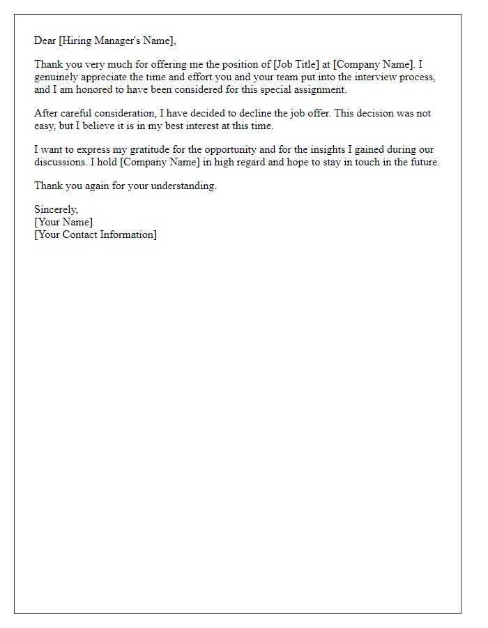 Letter template of special assignment job offer rejection.