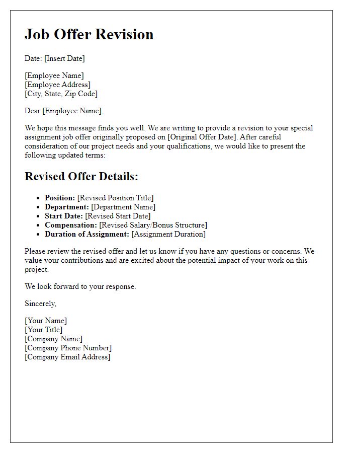 Letter template of special assignment job offer revision.