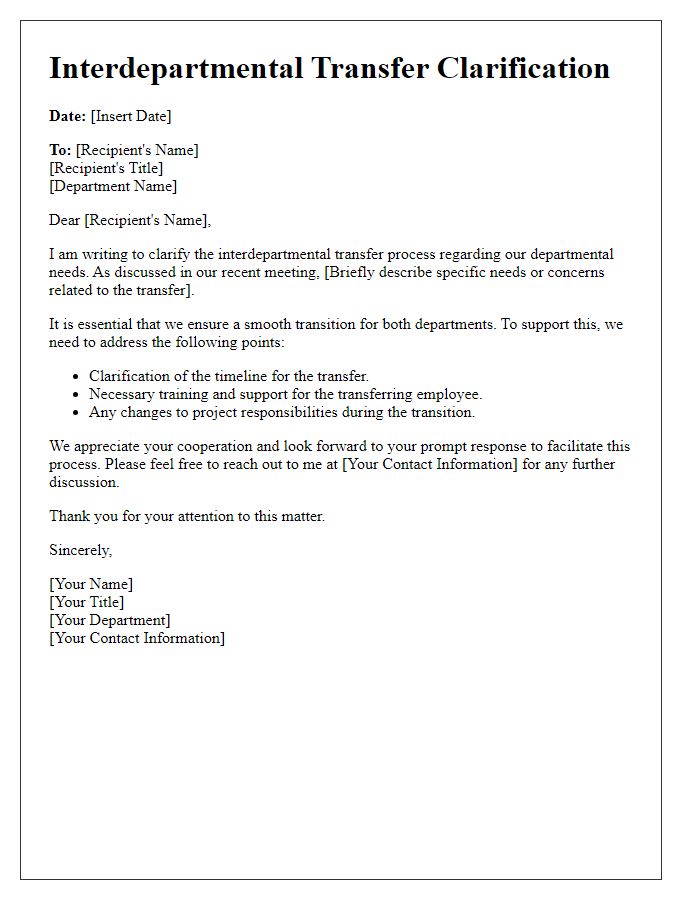 Letter template of interdepartmental transfer clarification for departmental needs