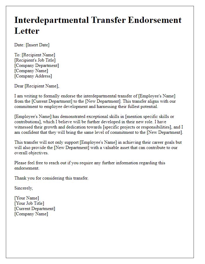 Letter template of interdepartmental transfer endorsement for employee development