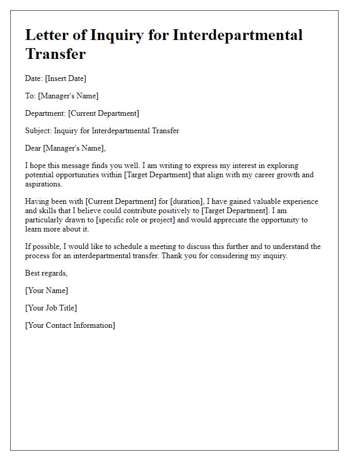 Letter template of interdepartmental transfer inquiry for role exploration