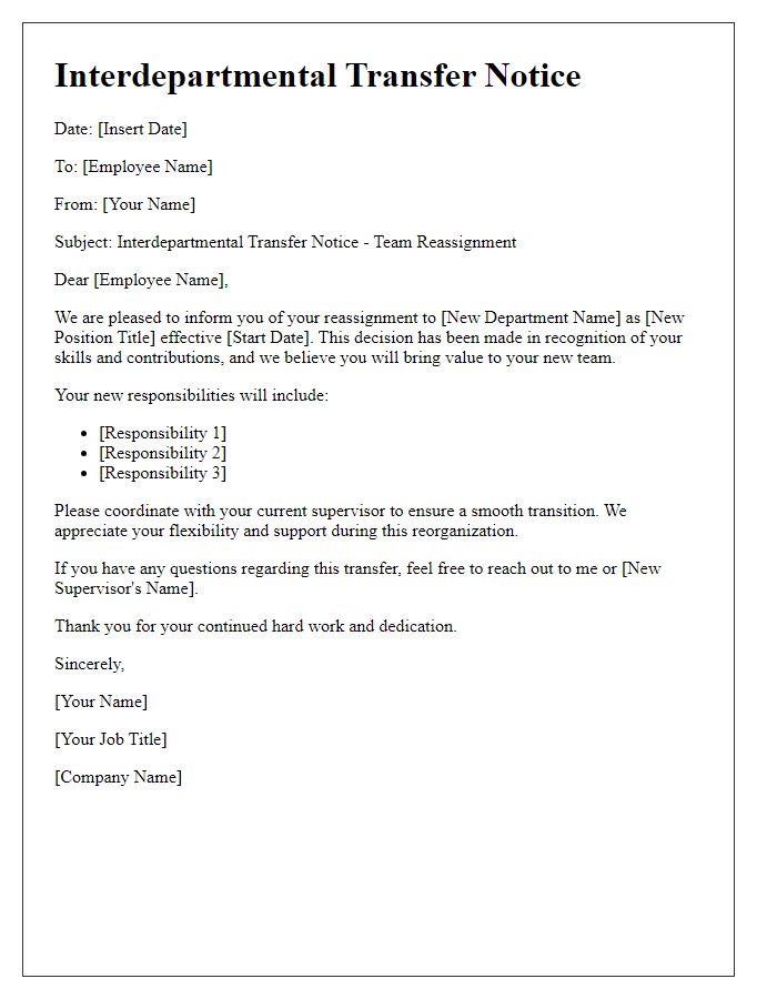 Letter template of interdepartmental transfer notice for team reassignment