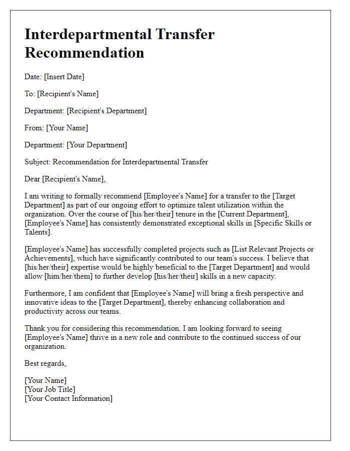 Letter template of interdepartmental transfer recommendation for talent utilization