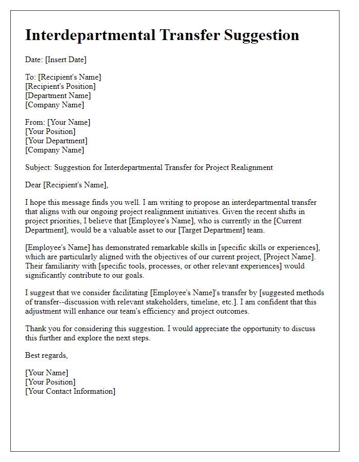 Letter template of interdepartmental transfer suggestion for project realignment