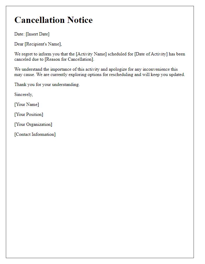 Letter template of extracurricular activity cancellation notice