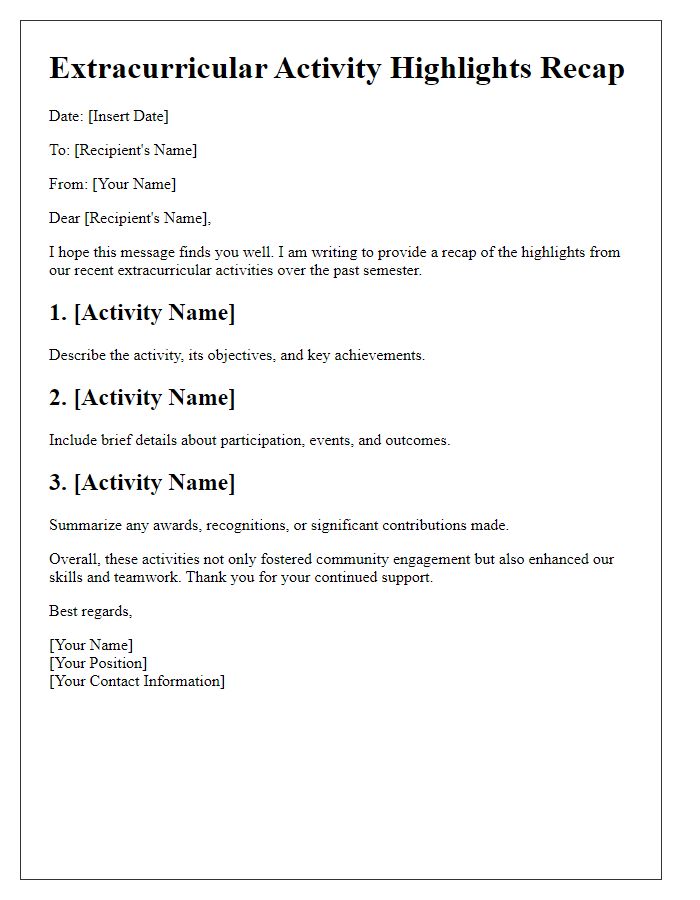 Letter template of extracurricular activity highlights recap