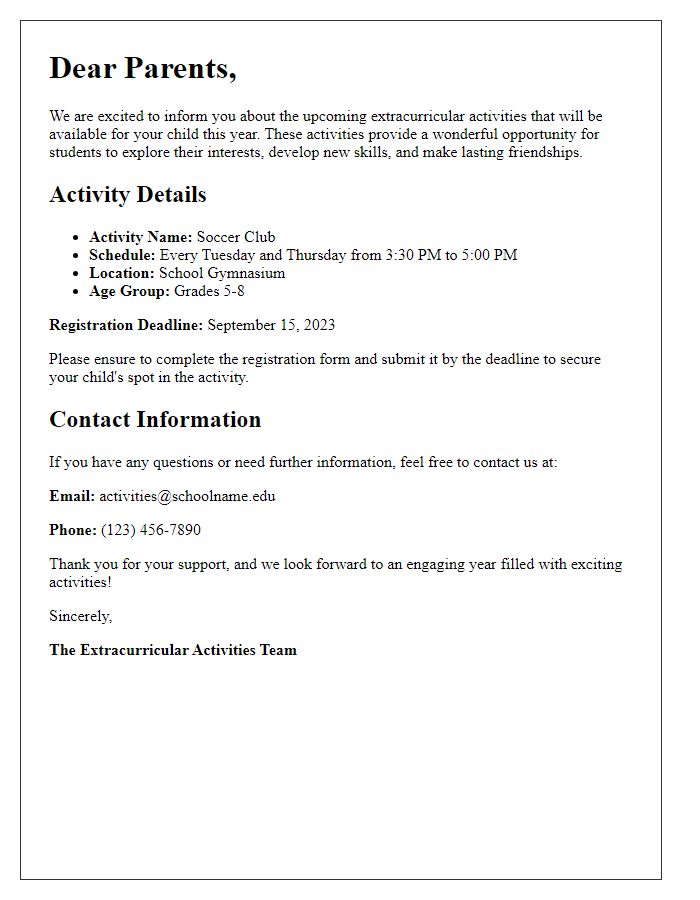 Letter template of extracurricular activity information for parents