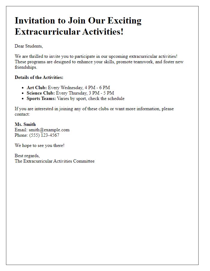 Letter template of extracurricular activity invitation for students