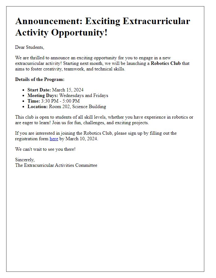 Letter template of extracurricular activity opportunity announcement