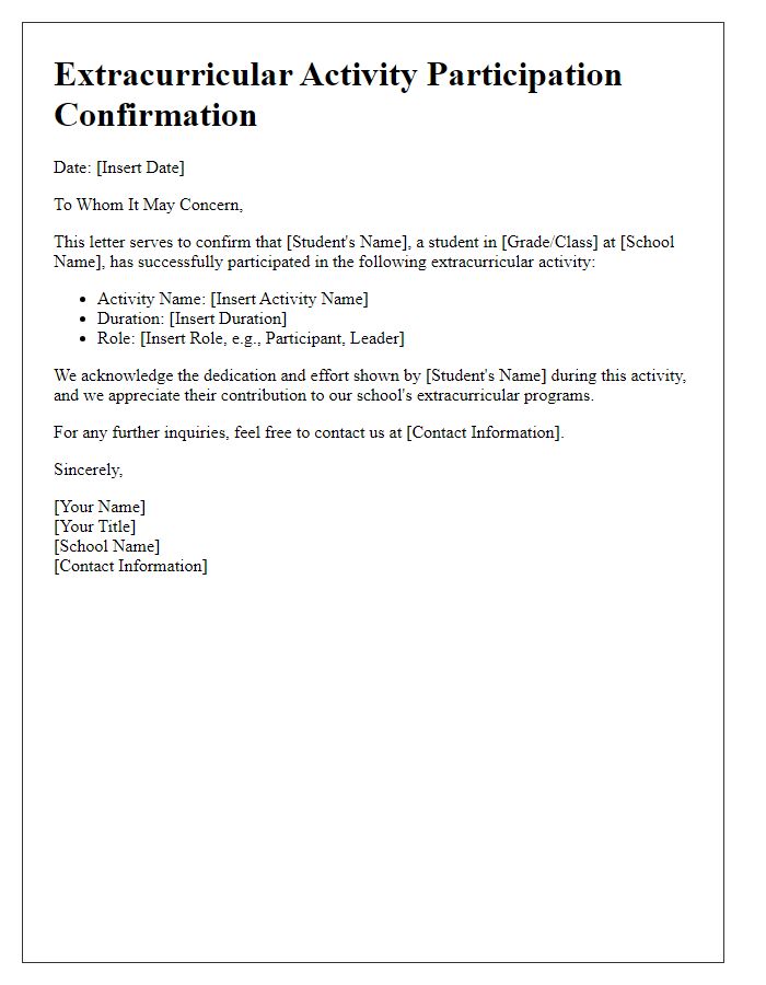 Letter template of extracurricular activity participation confirmation