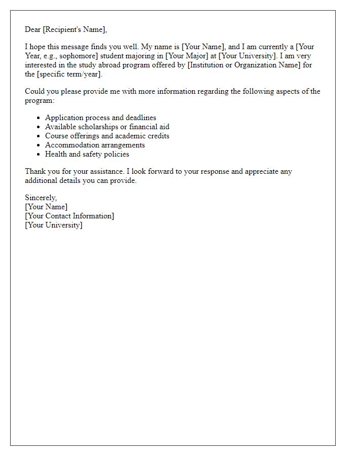 Letter template of inquiry regarding a study abroad program offer