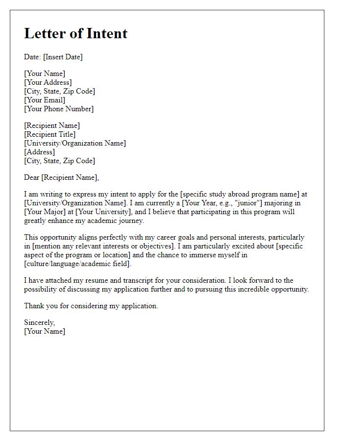 Letter template of intent to apply for a study abroad program