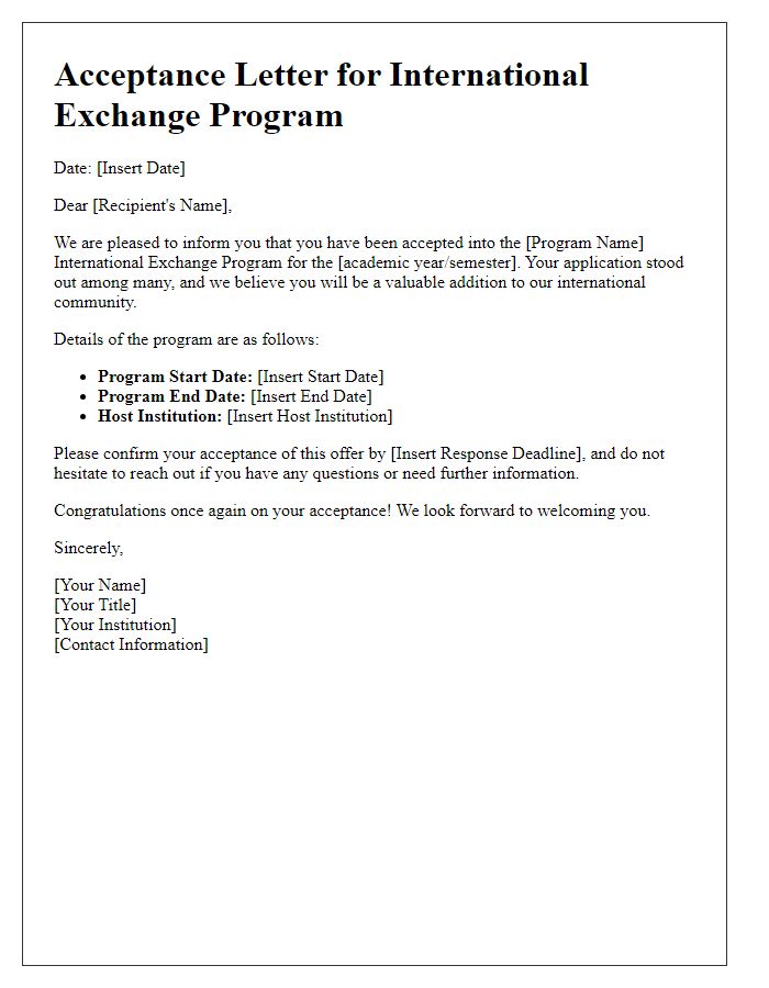 Letter template of acceptance for international exchange program.