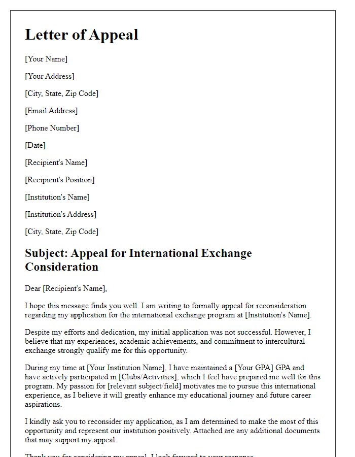 Letter template of appeal for international exchange consideration.