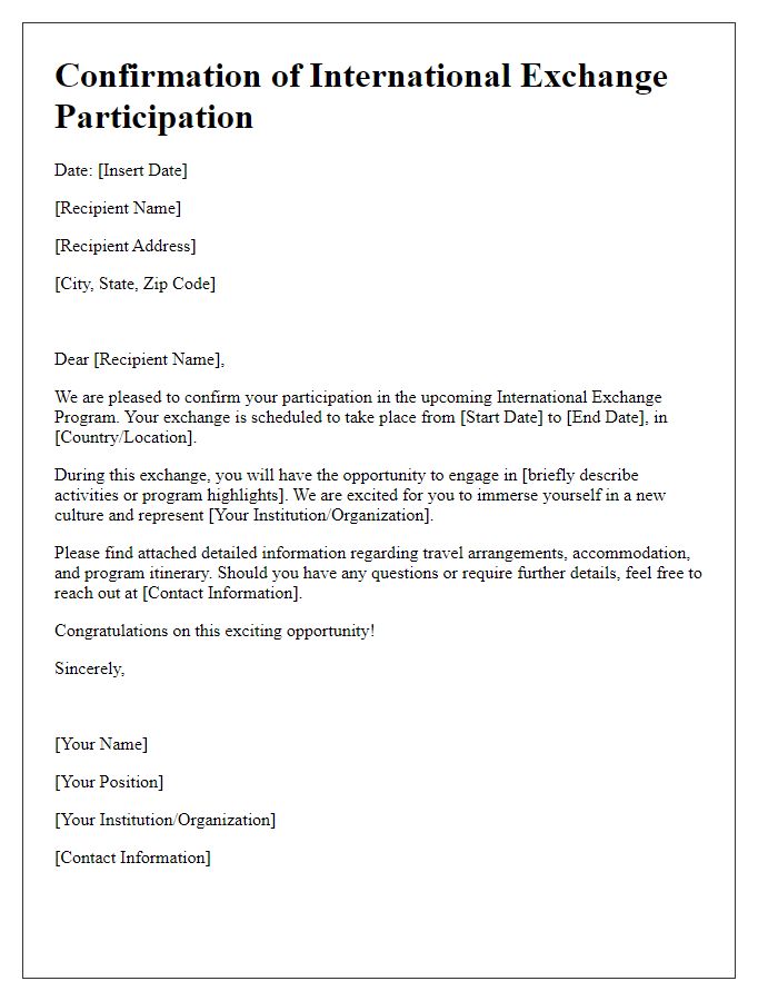 Letter template of confirmation for international exchange participation.